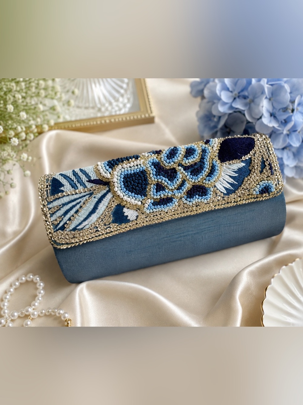 2 Chic Teal, Blue, Gold Beaded Embroidered Clutch Evening Bag Coquette Boho Glam